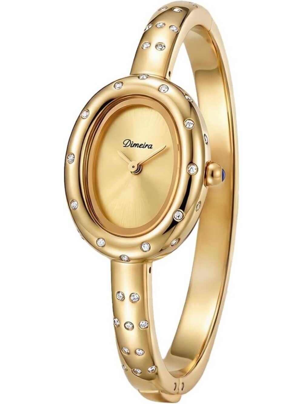 Elegant Oval Crystal Bangle Watch - Gold Stainless Steel Open Cuff Analog Wrist